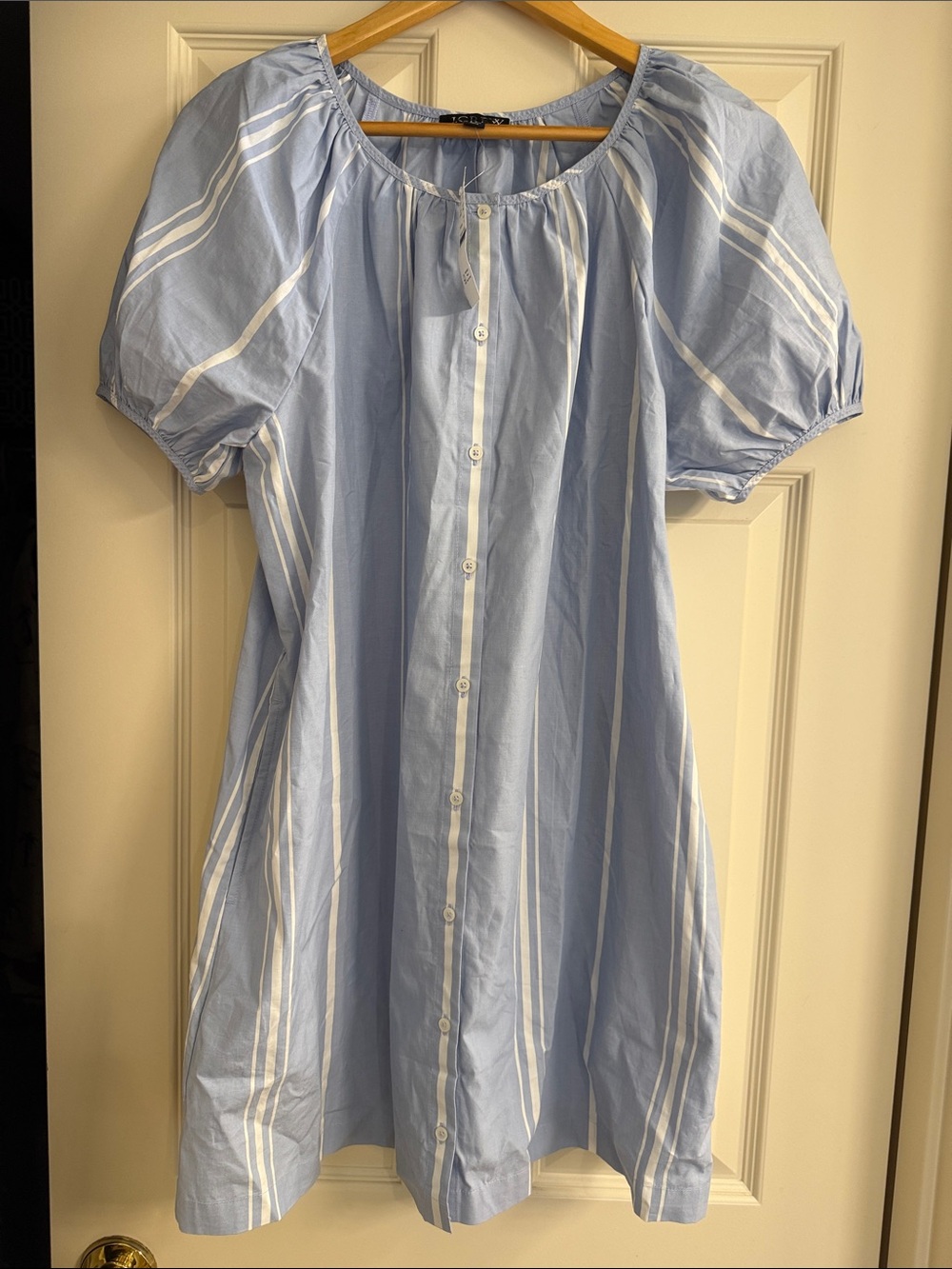LOFT Light Blue & White Striped Puff-Sleeve Button Dress